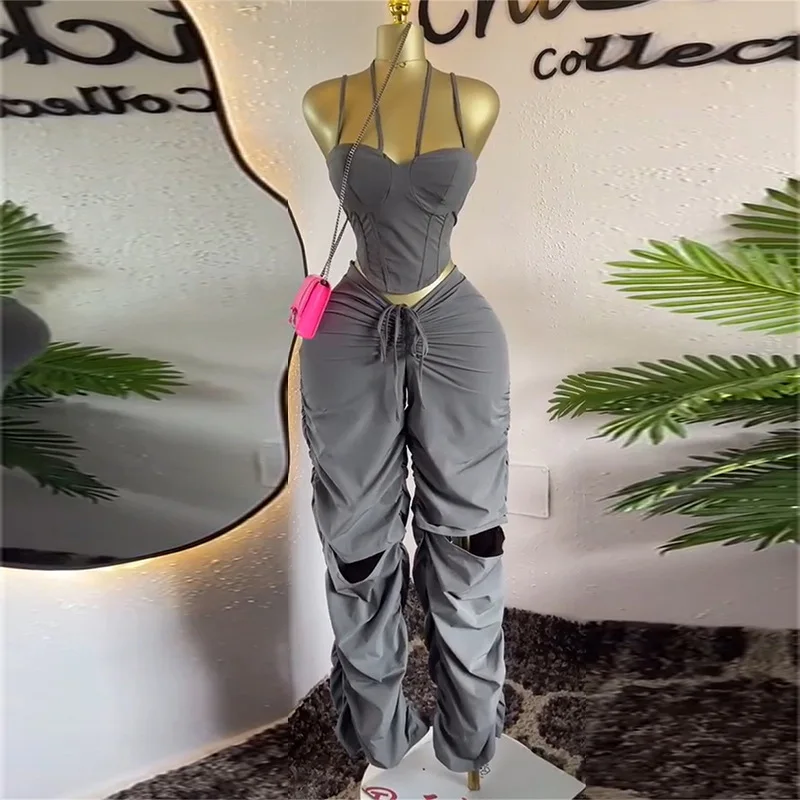 GLCMYAYA Street Fashion Women's Set Strap Tunic Crop Tops and Stacked Ruched Pants 2025 Holiday Vacation Two 2 Piece Set Outfits GLCMYAYA Street Fashion Women's Set Strap Tunic Crop Tops and Stacked Ruched Pants 2025 Holiday Vacation Two 2 Piece Set Outfits