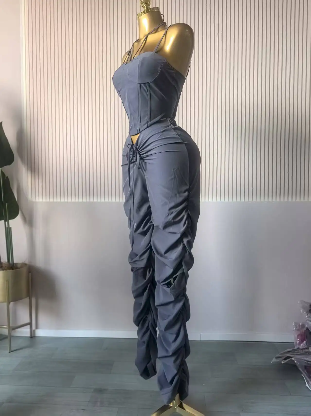 GLCMYAYA Street Fashion Women's Set Strap Tunic Crop Tops and Stacked Ruched Pants 2025 Holiday Vacation Two 2 Piece Set Outfits GLCMYAYA Street Fashion Women's Set Strap Tunic Crop Tops and Stacked Ruched Pants 2025 Holiday Vacation Two 2 Piece Set Outfits