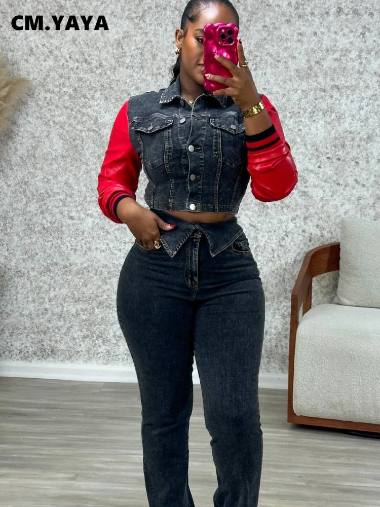CM.YAYA Denim Women’s Set PU Patchwork Full Sleeve Button Fly Jacket and Jeans Pants Suit Elastic Winter Two 2 Piece Set Outfit CM.YAYA Denim Women's Set PU Patchwork Full Sleeve Button Fly Jacket and Jeans Pants Suit Elastic Winter Two 2 Piece Set Outfit