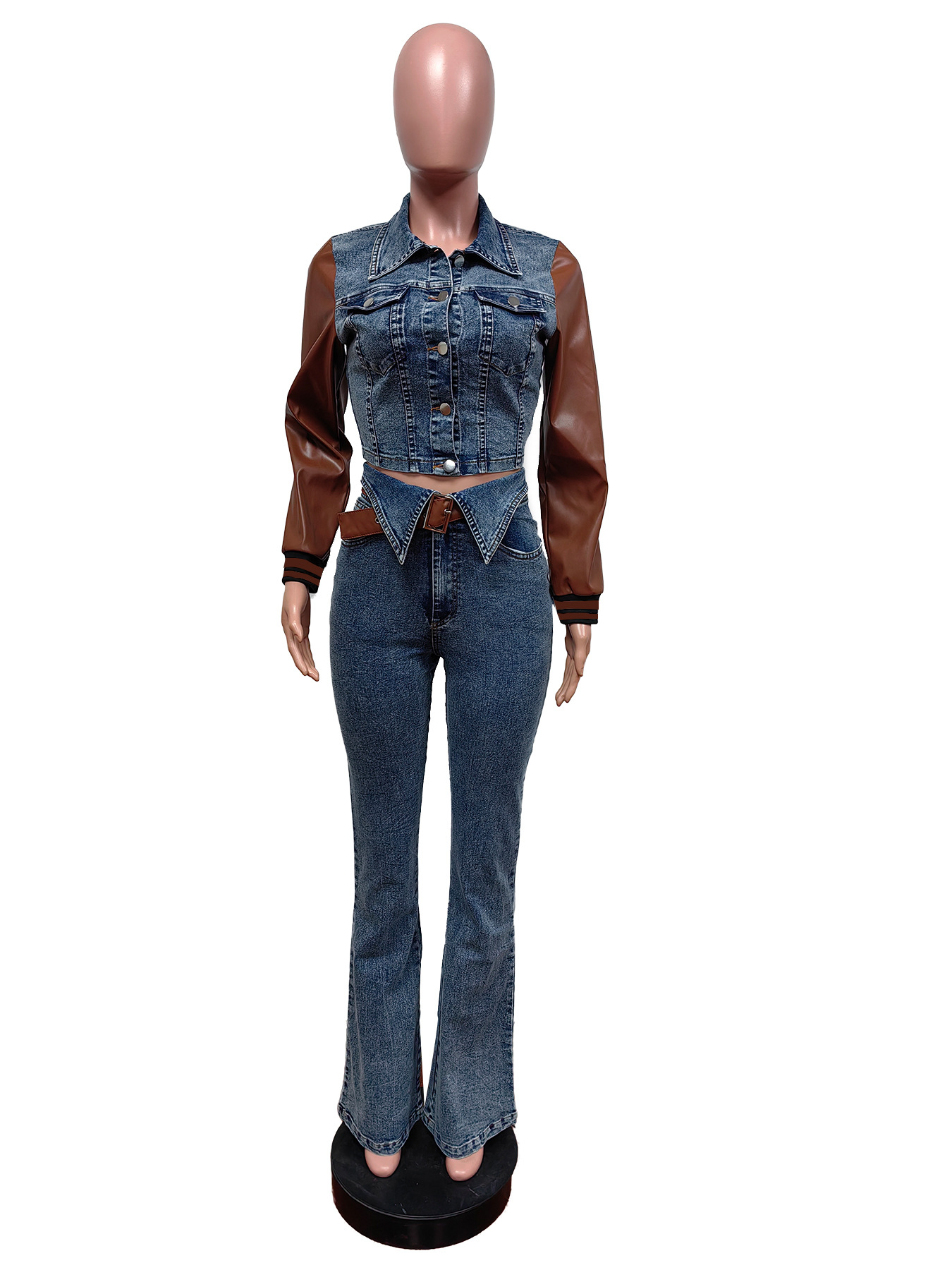 CM.YAYA Denim Women's Set PU Patchwork Full Sleeve Button Fly Jacket and Jeans Pants Suit Elastic Winter Two 2 Piece Set Outfit