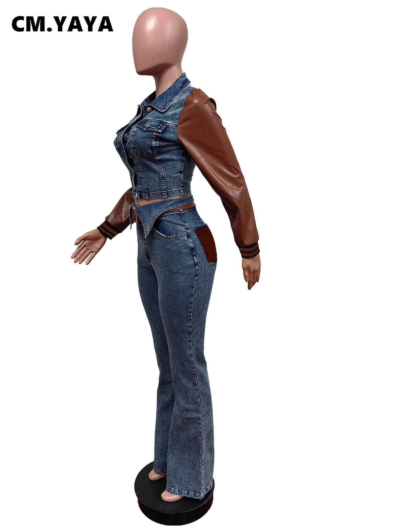 CM.YAYA Denim Women’s Set PU Patchwork Full Sleeve Button Fly Jacket and Jeans Pants Suit Elastic Winter Two 2 Piece Set Outfit CM.YAYA Denim Women's Set PU Patchwork Full Sleeve Button Fly Jacket and Jeans Pants Suit Elastic Winter Two 2 Piece Set Outfit