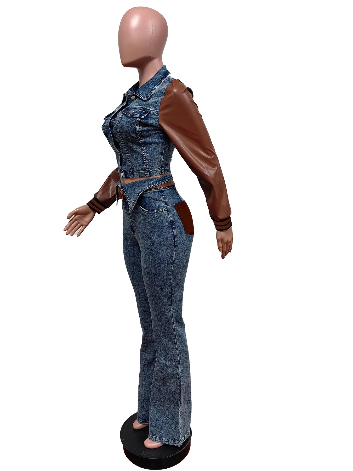 CM.YAYA Denim Women's Set PU Patchwork Full Sleeve Button Fly Jacket and Jeans Pants Suit Elastic Winter Two 2 Piece Set Outfit