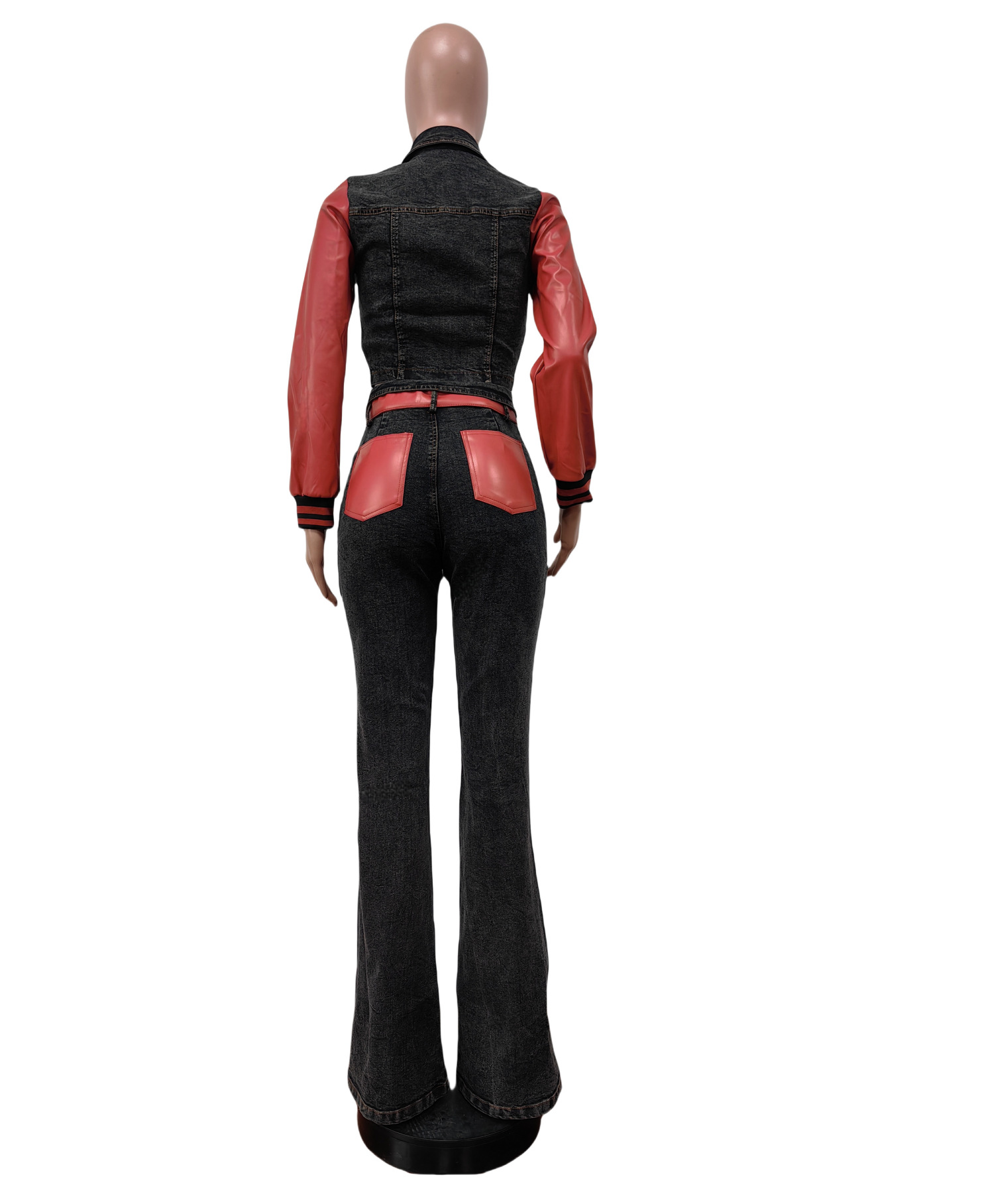 CM.YAYA Denim Women's Set PU Patchwork Full Sleeve Button Fly Jacket and Jeans Pants Suit Elastic Winter Two 2 Piece Set Outfit