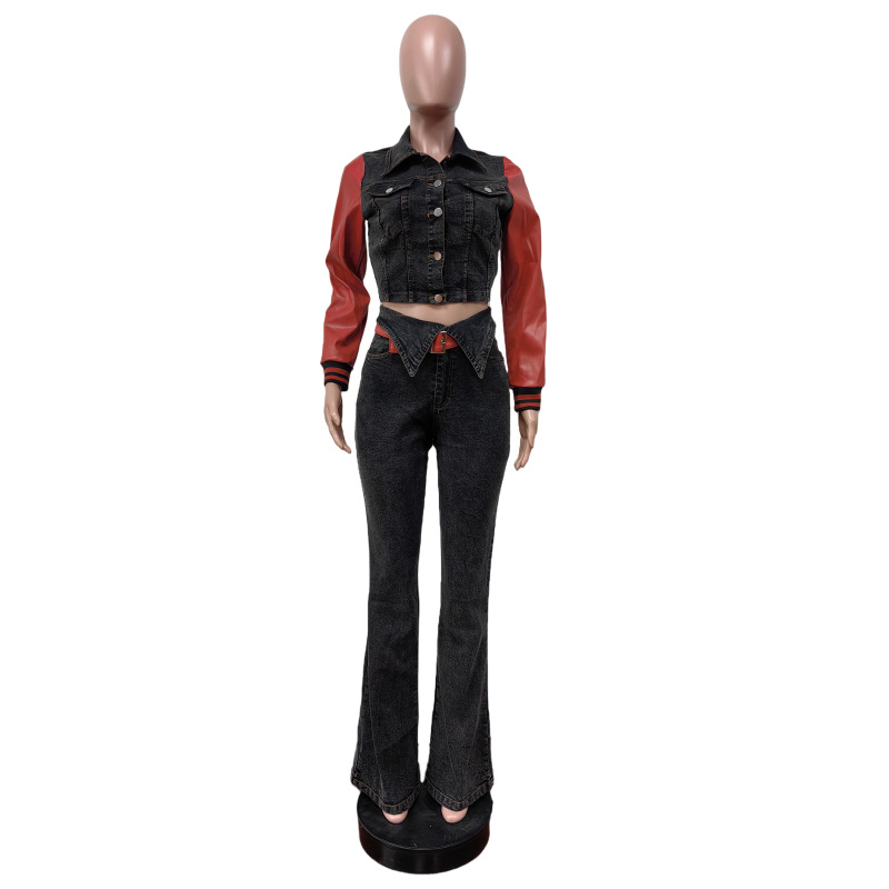 CM.YAYA Denim Women's Set PU Patchwork Full Sleeve Button Fly Jacket and Jeans Pants Suit Elastic Winter Two 2 Piece Set Outfit