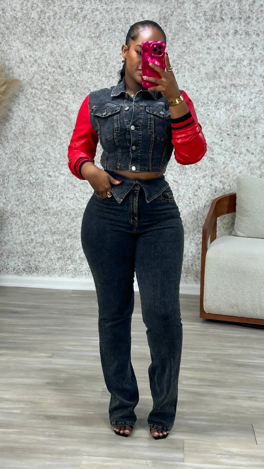 CM.YAYA Denim Women's Set PU Patchwork Full Sleeve Button Fly Jacket and Jeans Pants Suit Elastic Winter Two 2 Piece Set Outfit