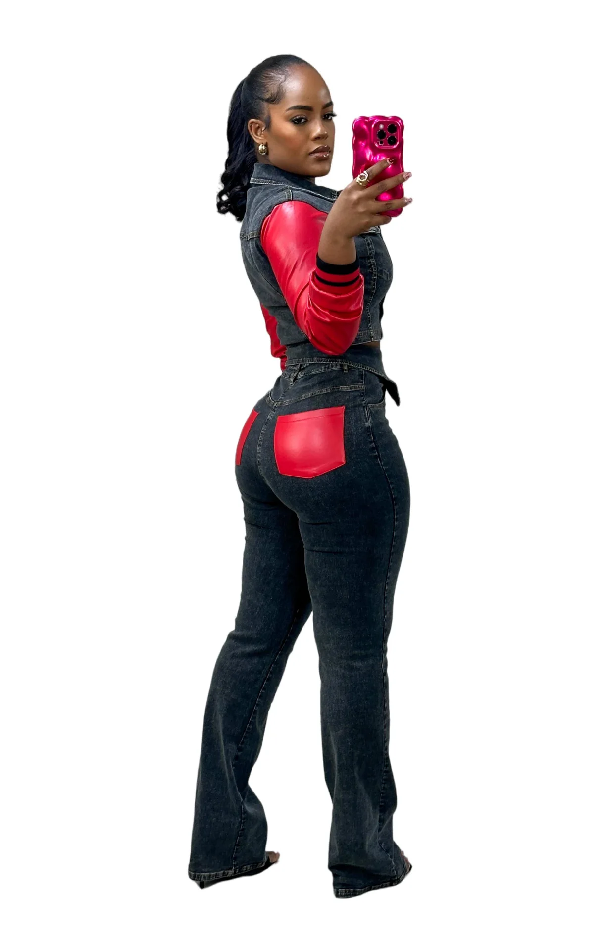 CM.YAYA Denim Women's Set PU Patchwork Full Sleeve Button Fly Jacket and Jeans Pants Suit Elastic Winter Two 2 Piece Set Outfit