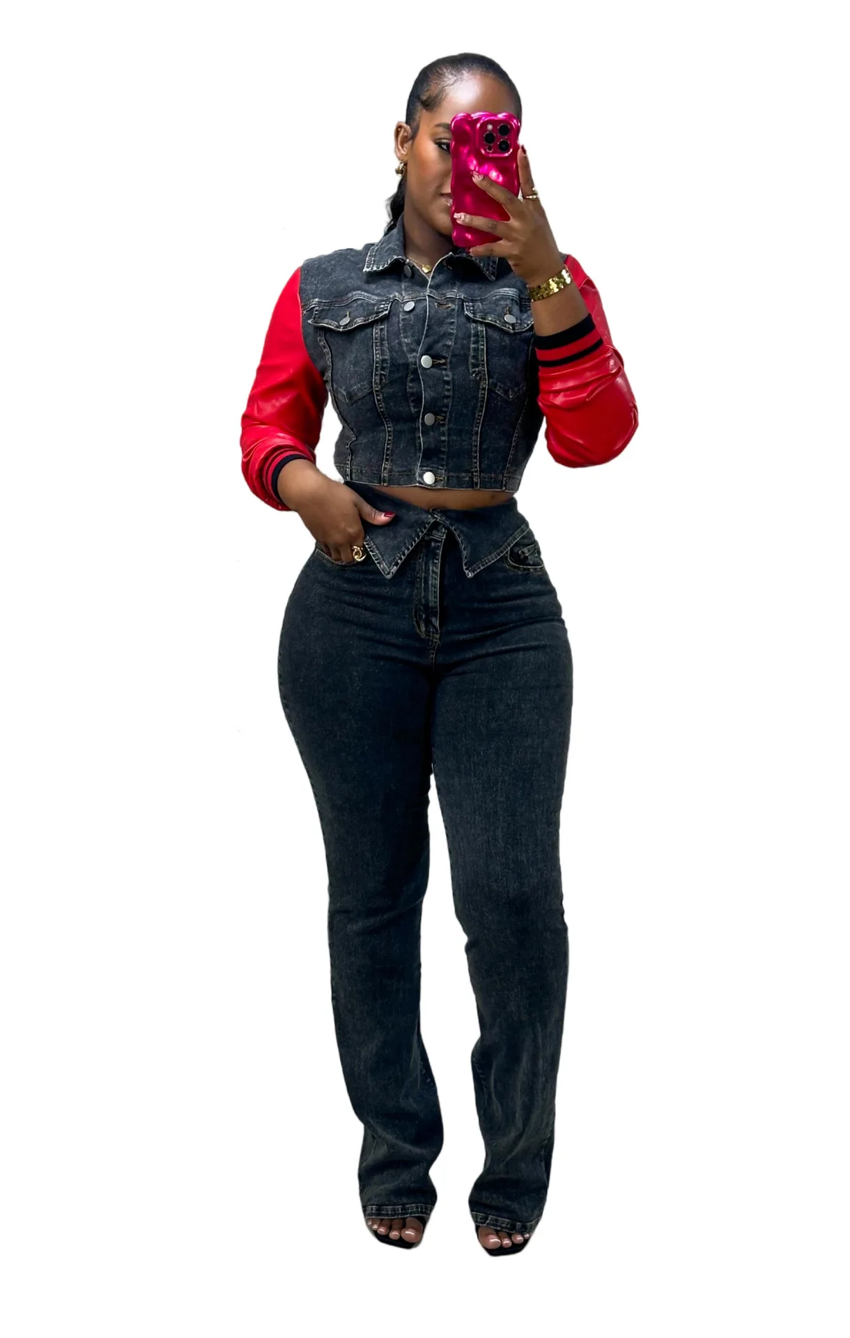 CM.YAYA Denim Women's Set PU Patchwork Full Sleeve Button Fly Jacket and Jeans Pants Suit Elastic Winter Two 2 Piece Set Outfit