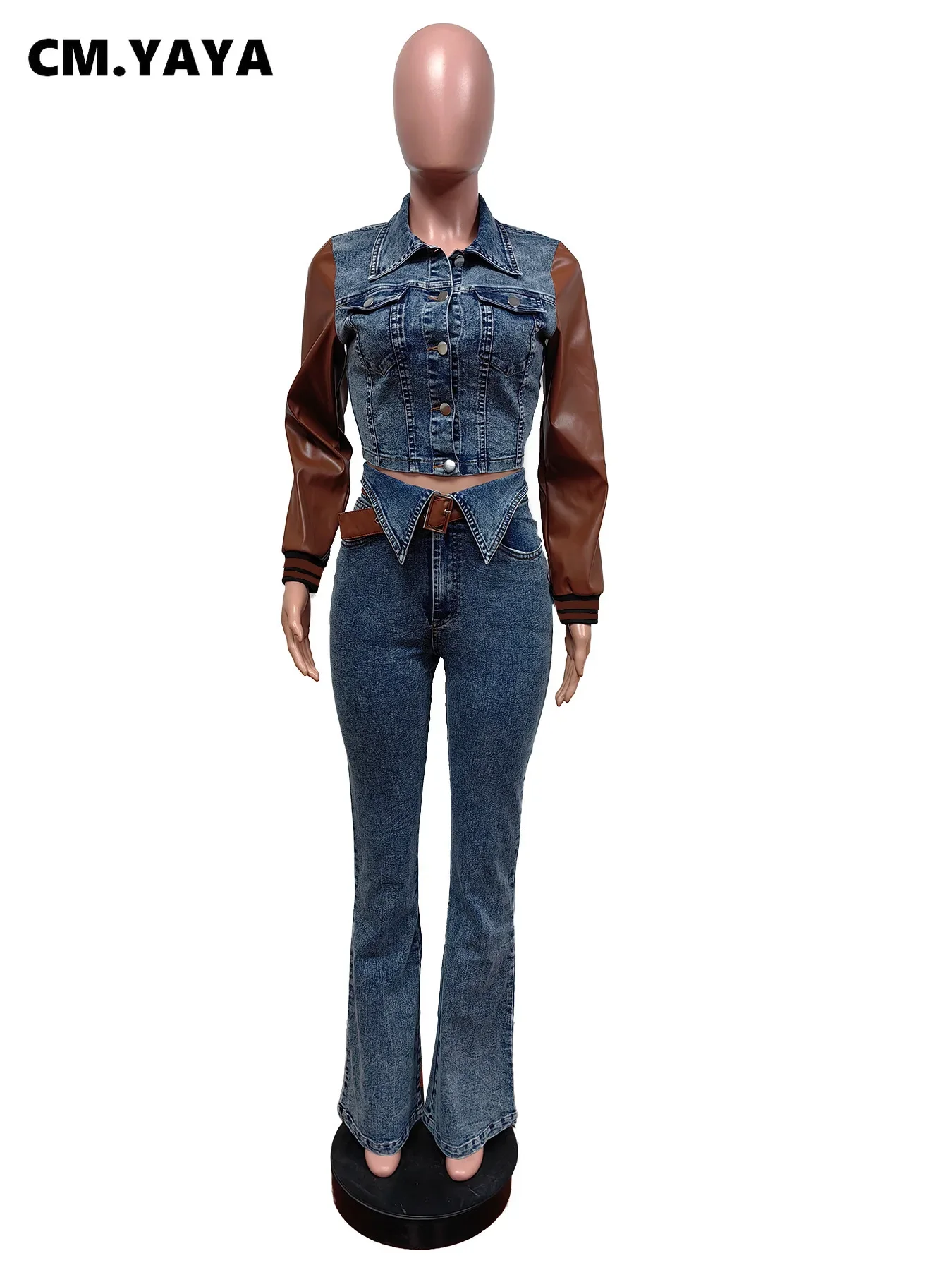 CM.YAYA Denim Women’s Set PU Patchwork Full Sleeve Button Fly Jacket and Jeans Pants Suit Elastic Winter Two 2 Piece Set Outfit CM.YAYA Denim Women's Set PU Patchwork Full Sleeve Button Fly Jacket and Jeans Pants Suit Elastic Winter Two 2 Piece Set Outfit