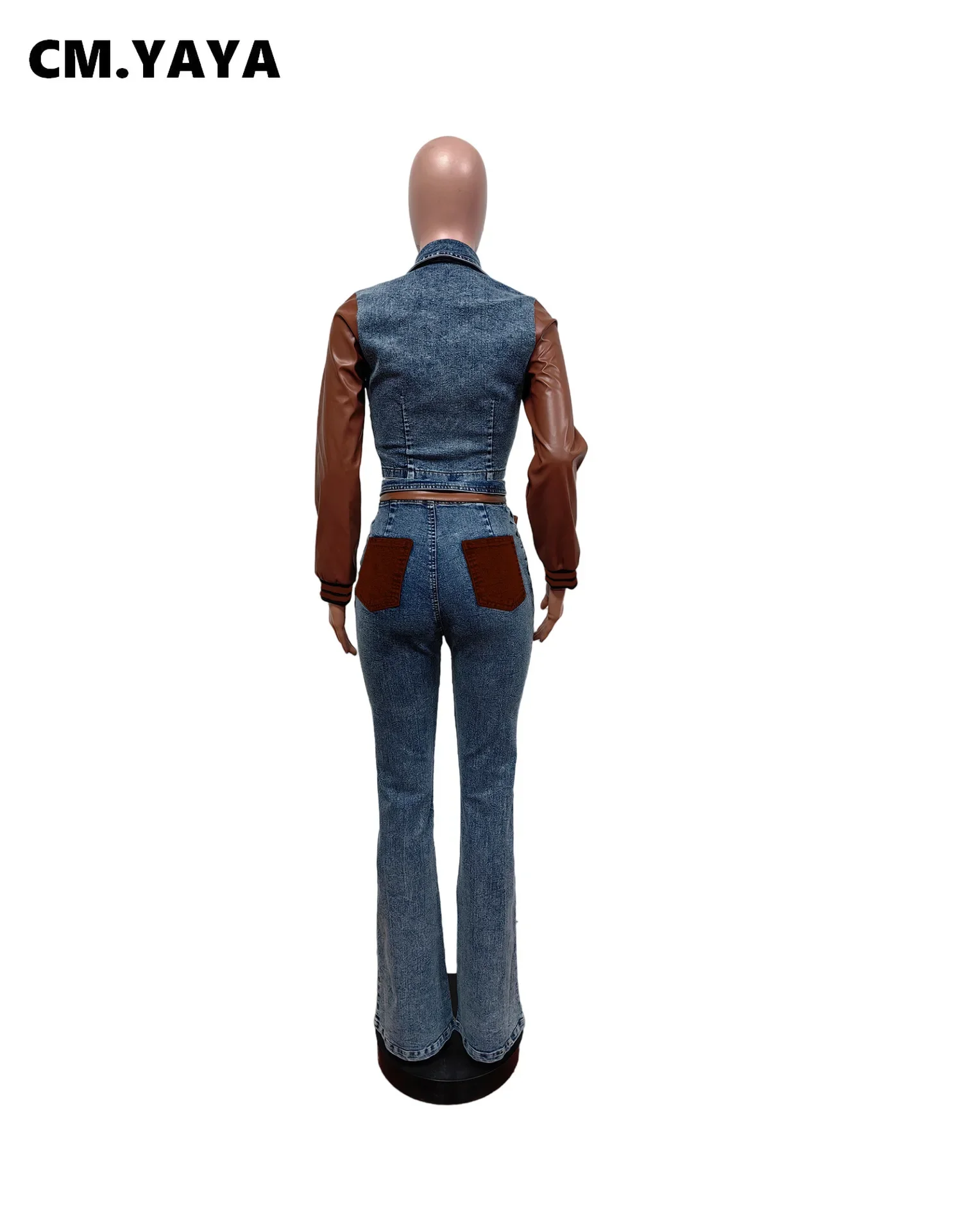 CM.YAYA Denim Women’s Set PU Patchwork Full Sleeve Button Fly Jacket and Jeans Pants Suit Elastic Winter Two 2 Piece Set Outfit CM.YAYA Denim Women's Set PU Patchwork Full Sleeve Button Fly Jacket and Jeans Pants Suit Elastic Winter Two 2 Piece Set Outfit