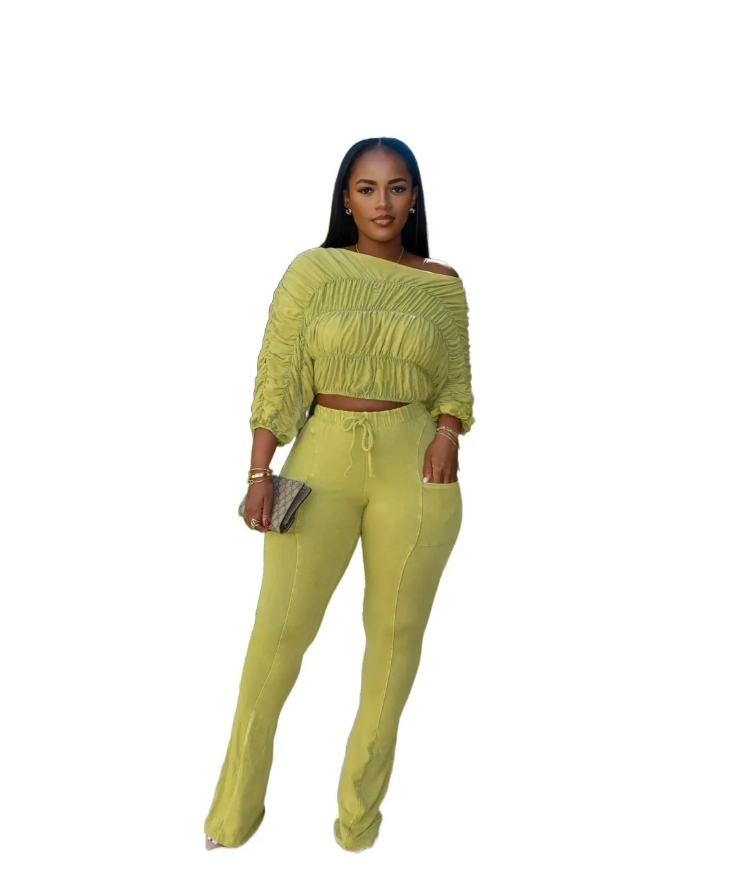 CM.YAYA Women's Set Half Sleeve Washed Ruched Tops and Long Pants Suit Fall Party Street Casual Lounge Two 2 Piece Set Outfit CM.YAYA Women's Set Half Sleeve Washed Ruched Tops and Long Pants Suit Fall Party Street Casual Lounge Two 2 Piece Set Outfit