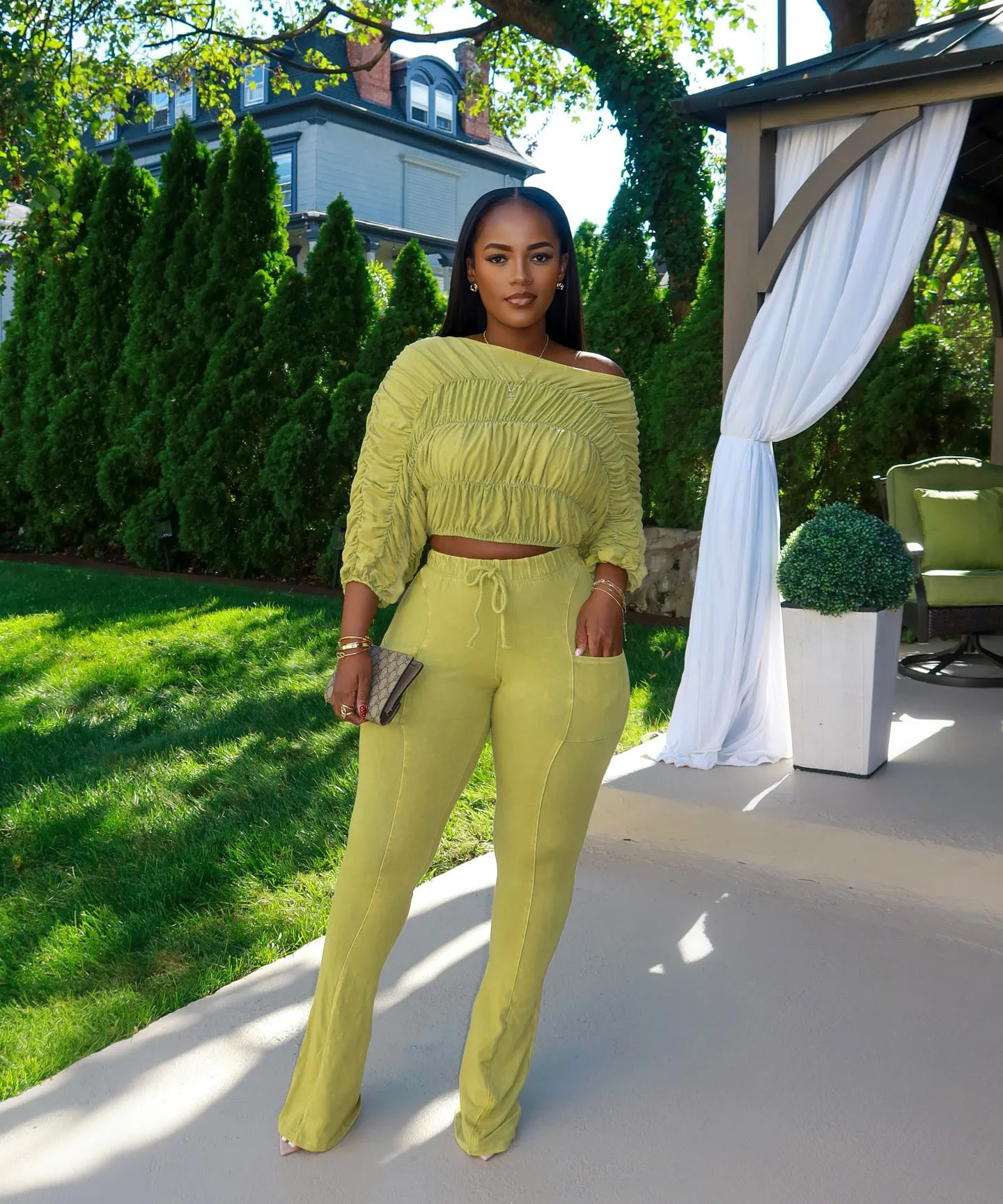 CM.YAYA Women's Set Half Sleeve Washed Ruched Tops and Long Pants Suit Fall Party Street Casual Lounge Two 2 Piece Set Outfit