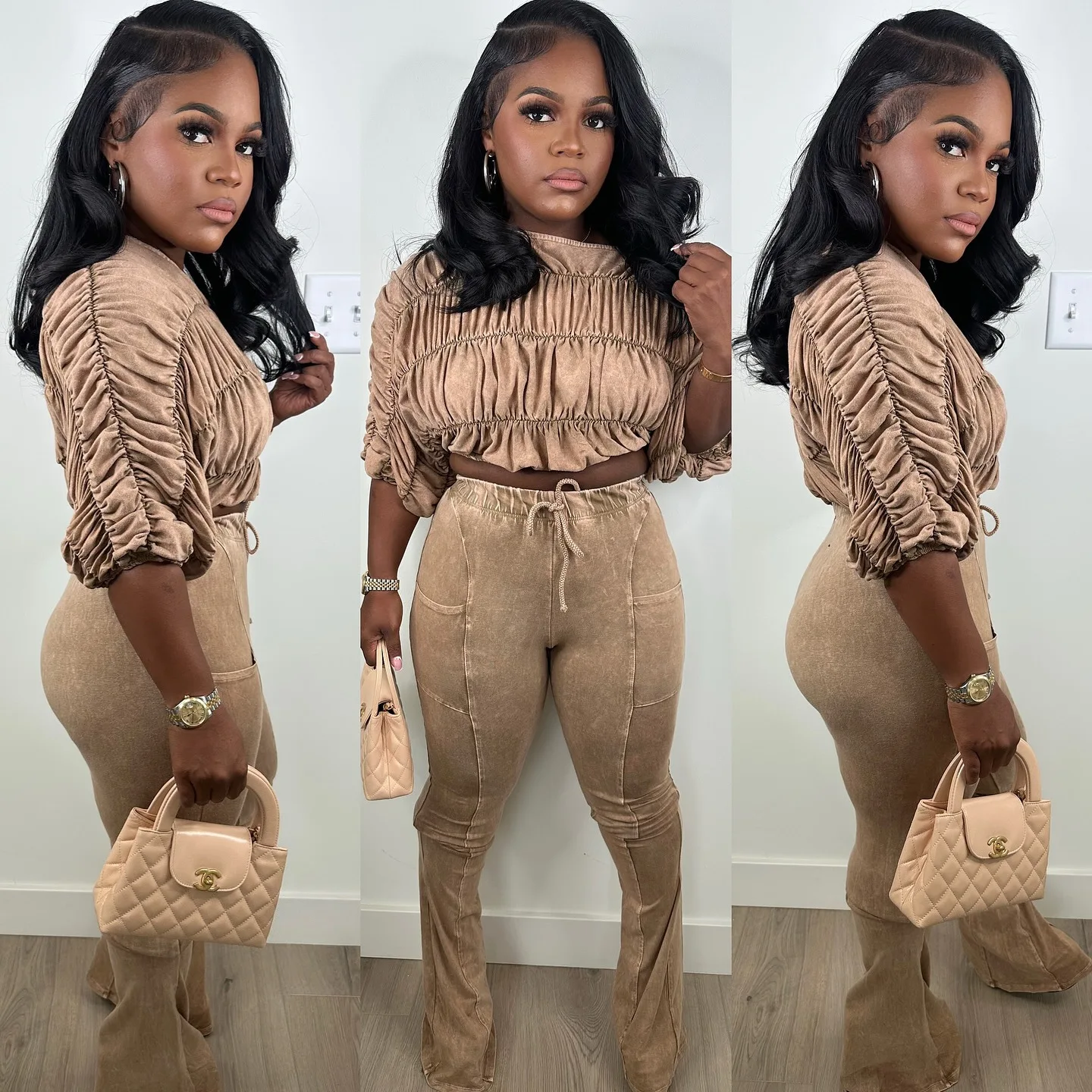 CM.YAYA Women's Set Half Sleeve Washed Ruched Tops and Long Pants Suit Fall Party Street Casual Lounge Two 2 Piece Set Outfit CM.YAYA Women's Set Half Sleeve Washed Ruched Tops and Long Pants Suit Fall Party Street Casual Lounge Two 2 Piece Set Outfit