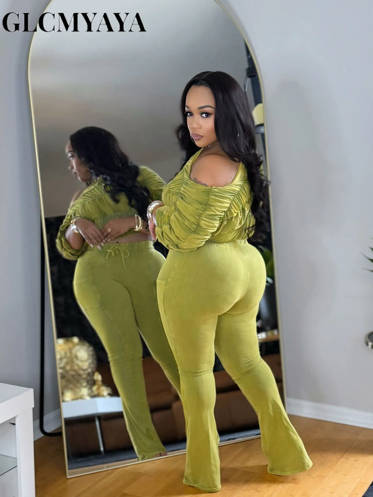 CM.YAYA Women's Set Half Sleeve Washed Ruched Tops and Long Pants Suit Fall Party Street Casual Lounge Two 2 Piece Set Outfit