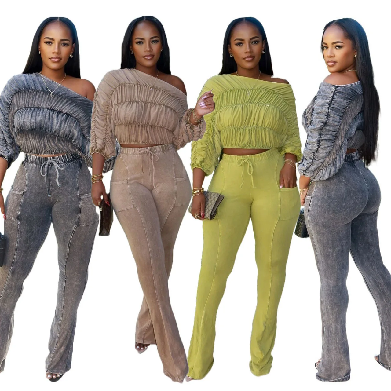 CM.YAYA Women's Set Half Sleeve Washed Ruched Tops and Long Pants Suit Fall Party Street Casual Lounge Two 2 Piece Set Outfit