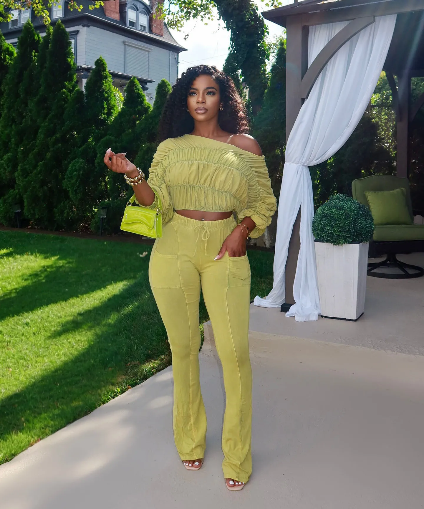 CM.YAYA Women's Set Half Sleeve Washed Ruched Tops and Long Pants Suit Fall Party Street Casual Lounge Two 2 Piece Set Outfit CM.YAYA Women's Set Half Sleeve Washed Ruched Tops and Long Pants Suit Fall Party Street Casual Lounge Two 2 Piece Set Outfit