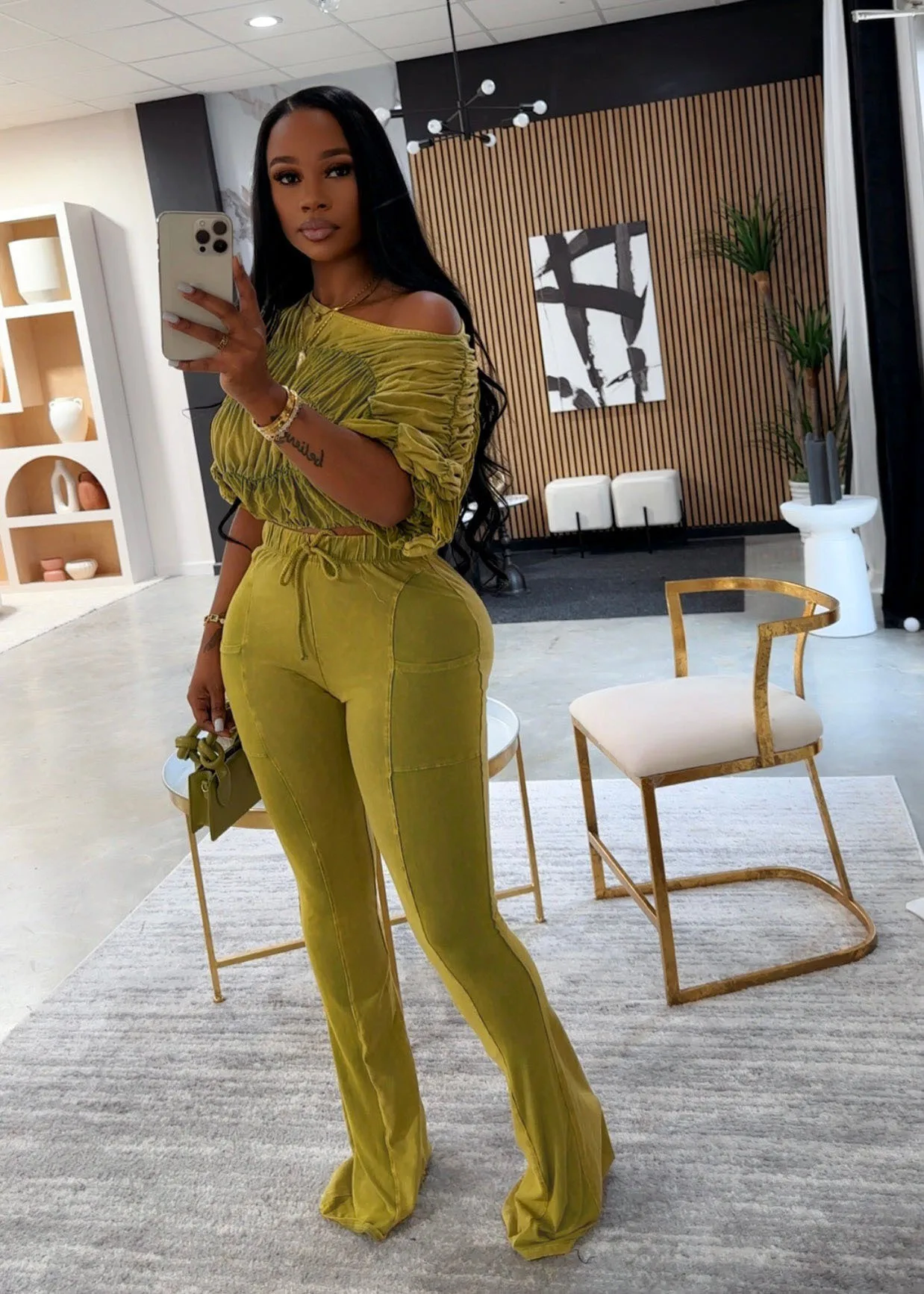 CM.YAYA Women's Set Half Sleeve Washed Ruched Tops and Long Pants Suit Fall Party Street Casual Lounge Two 2 Piece Set Outfit CM.YAYA Women's Set Half Sleeve Washed Ruched Tops and Long Pants Suit Fall Party Street Casual Lounge Two 2 Piece Set Outfit