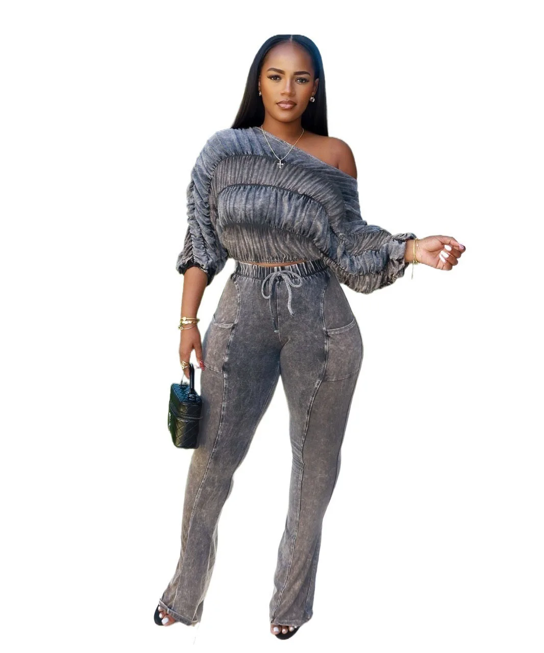 CM.YAYA Women's Set Half Sleeve Washed Ruched Tops and Long Pants Suit Fall Party Street Casual Lounge Two 2 Piece Set Outfit CM.YAYA Women's Set Half Sleeve Washed Ruched Tops and Long Pants Suit Fall Party Street Casual Lounge Two 2 Piece Set Outfit
