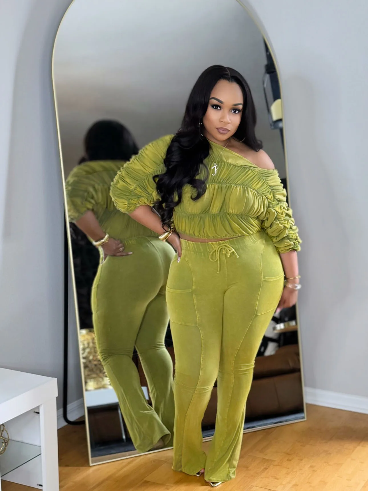 CM.YAYA Women's Set Half Sleeve Washed Ruched Tops and Long Pants Suit Fall Party Street Casual Lounge Two 2 Piece Set Outfit CM.YAYA Women's Set Half Sleeve Washed Ruched Tops and Long Pants Suit Fall Party Street Casual Lounge Two 2 Piece Set Outfit