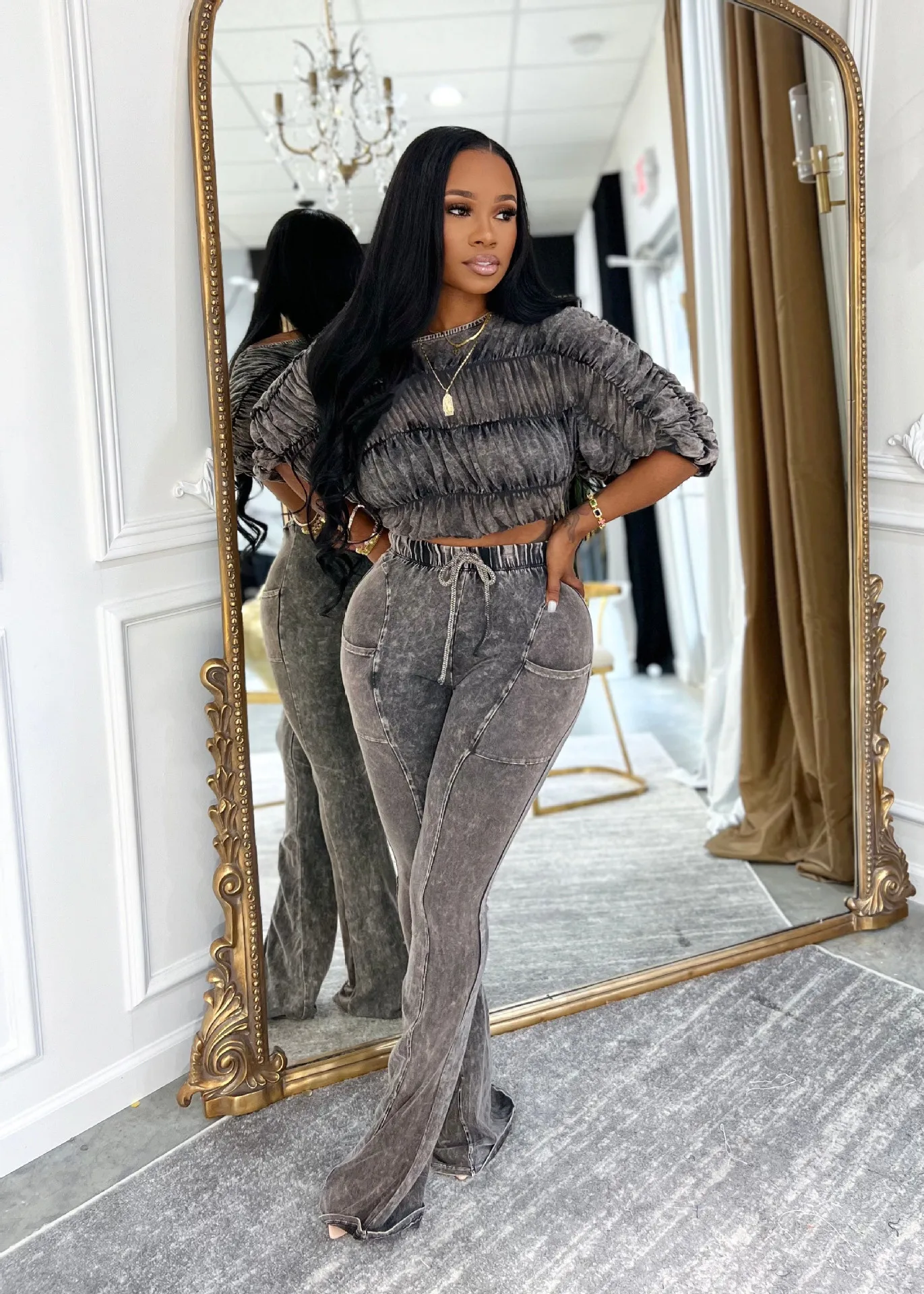 CM.YAYA Women's Set Half Sleeve Washed Ruched Tops and Long Pants Suit Fall Party Street Casual Lounge Two 2 Piece Set Outfit CM.YAYA Women's Set Half Sleeve Washed Ruched Tops and Long Pants Suit Fall Party Street Casual Lounge Two 2 Piece Set Outfit