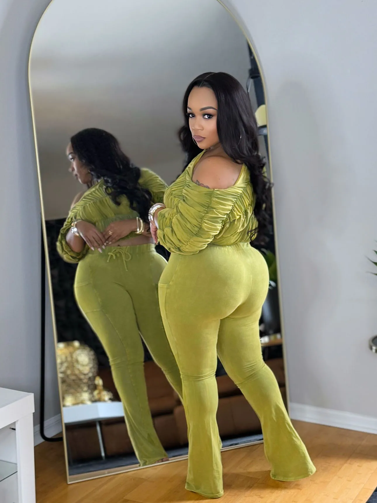 CM.YAYA Women's Set Half Sleeve Washed Ruched Tops and Long Pants Suit Fall Party Street Casual Lounge Two 2 Piece Set Outfit CM.YAYA Women's Set Half Sleeve Washed Ruched Tops and Long Pants Suit Fall Party Street Casual Lounge Two 2 Piece Set Outfit