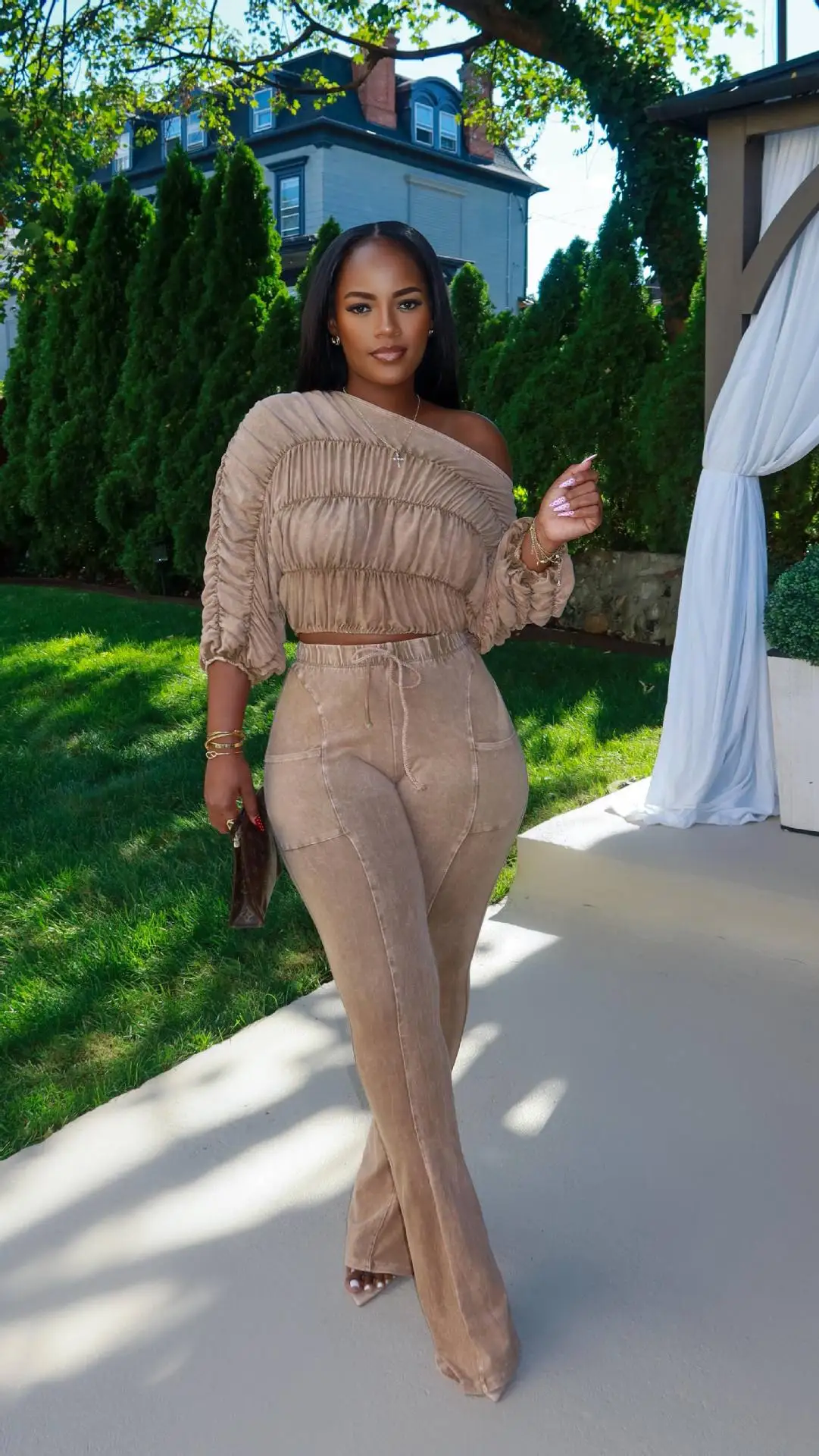 CM.YAYA Women's Set Half Sleeve Washed Ruched Tops and Long Pants Suit Fall Party Street Casual Lounge Two 2 Piece Set Outfit CM.YAYA Women's Set Half Sleeve Washed Ruched Tops and Long Pants Suit Fall Party Street Casual Lounge Two 2 Piece Set Outfit