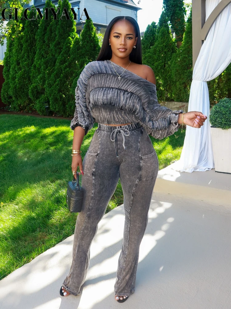 CM.YAYA Women's Set Half Sleeve Washed Ruched Tops and Long Pants Suit Fall Party Street Casual Lounge Two 2 Piece Set Outfit