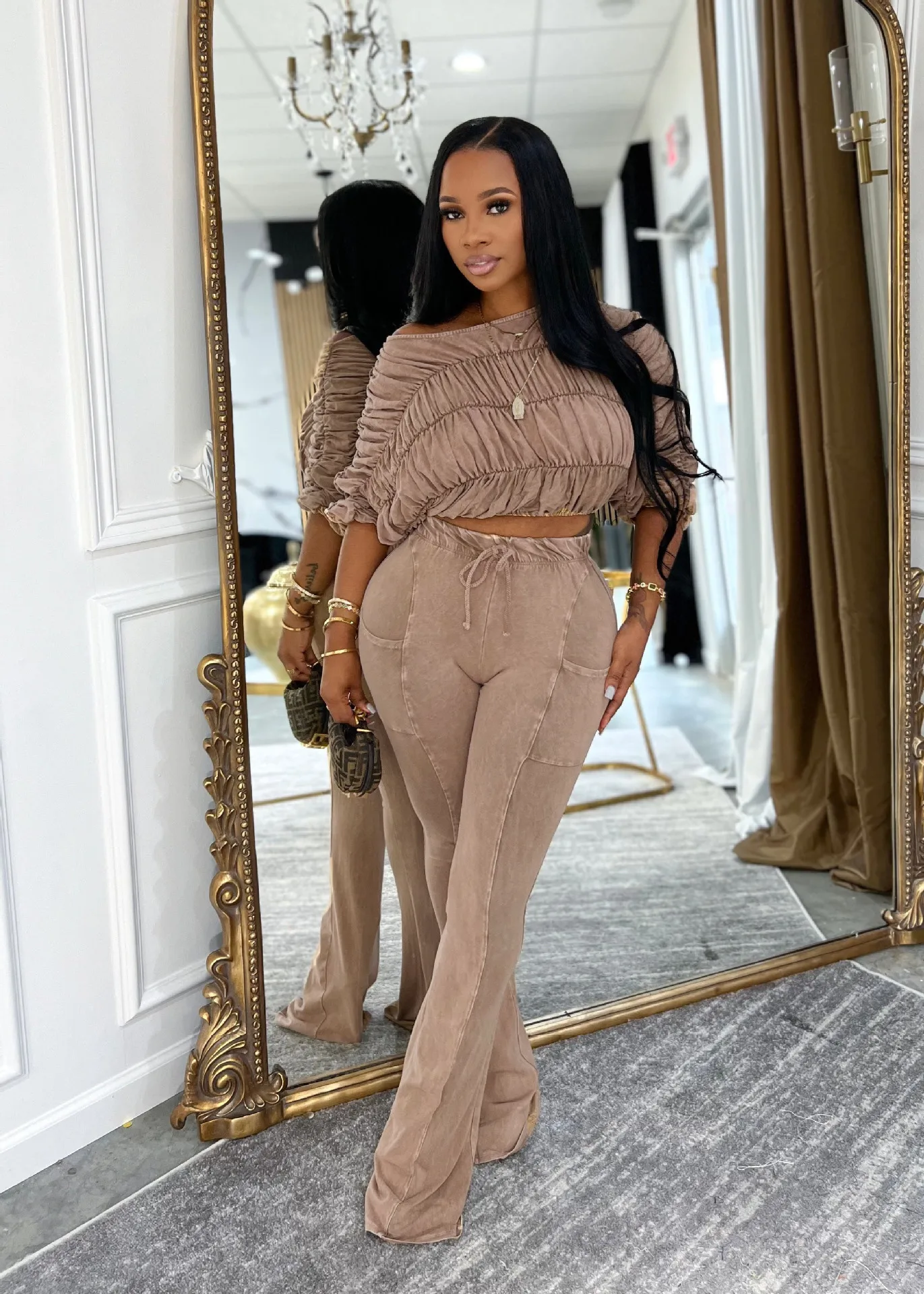 CM.YAYA Women's Set Half Sleeve Washed Ruched Tops and Long Pants Suit Fall Party Street Casual Lounge Two 2 Piece Set Outfit CM.YAYA Women's Set Half Sleeve Washed Ruched Tops and Long Pants Suit Fall Party Street Casual Lounge Two 2 Piece Set Outfit