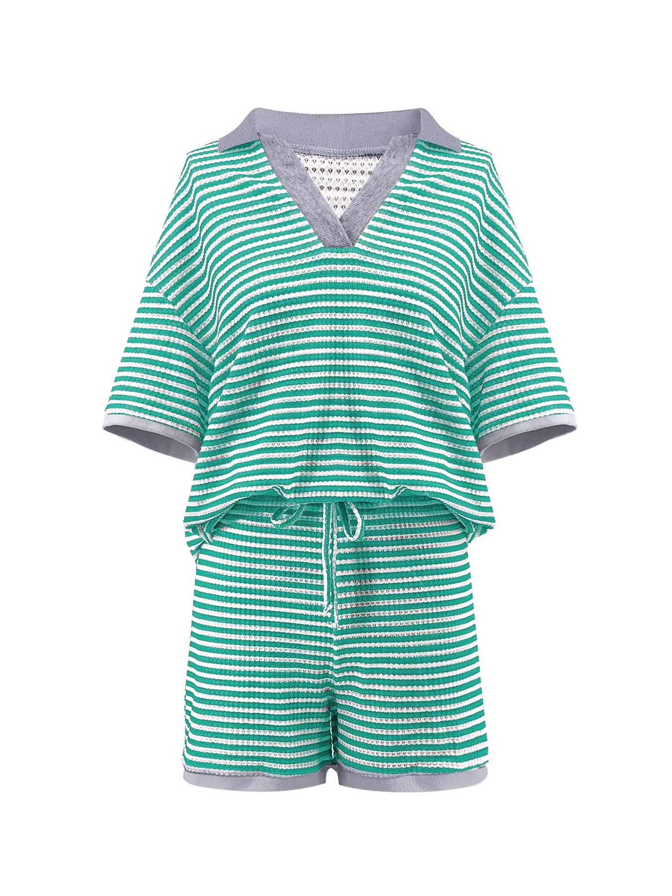 CM.YAYA Street Striped Knit Ribbed Women's Set Short Sleeve Sweater Top and Shorts Suit Summer Beach Two 2 Piece Set Outfits