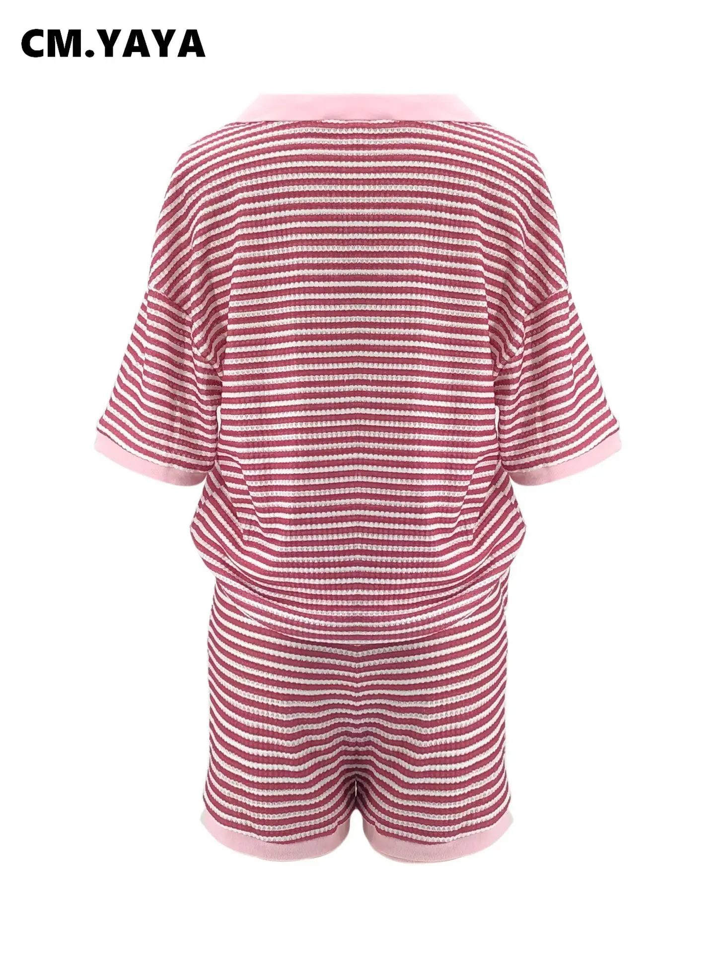 CM.YAYA Street Striped Knit Ribbed Women's Set Short Sleeve Sweater Top and Shorts Suit Summer Beach Two 2 Piece Set Outfits