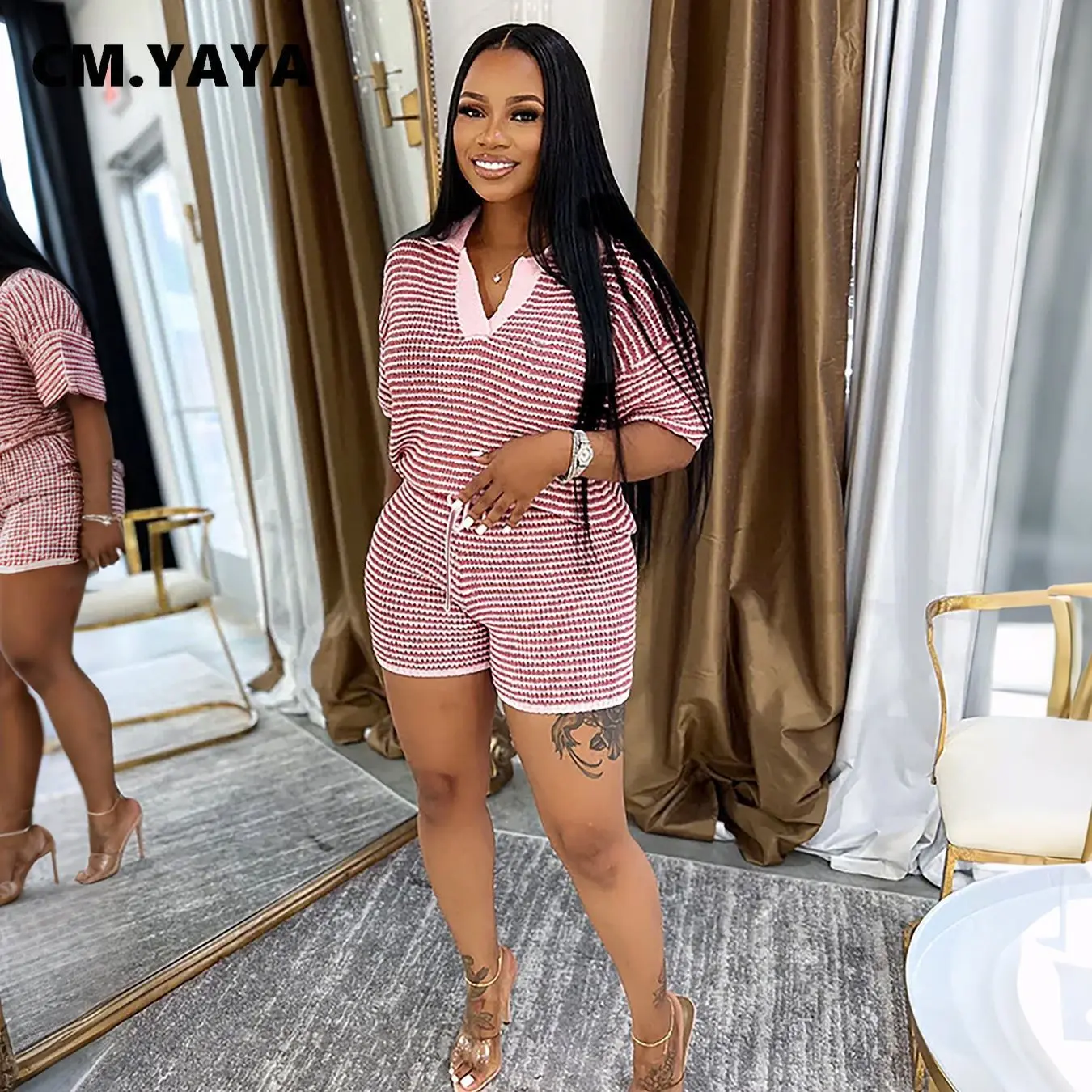 CM.YAYA Street Striped Knit Ribbed Women's Set Short Sleeve Sweater Top and Shorts Suit Summer Beach Two 2 Piece Set Outfits