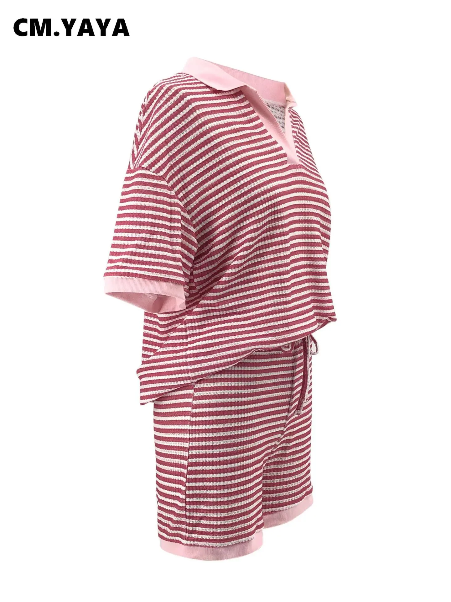 CM.YAYA Street Striped Knit Ribbed Women's Set Short Sleeve Sweater Top and Shorts Suit Summer Beach Two 2 Piece Set Outfits