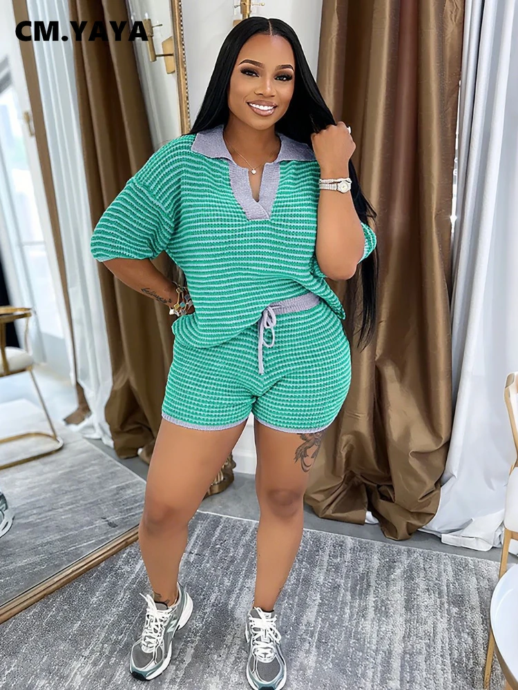 CM.YAYA Street Striped Knit Ribbed Women's Set Short Sleeve Sweater Top and Shorts Suit Summer Beach Two 2 Piece Set Outfits