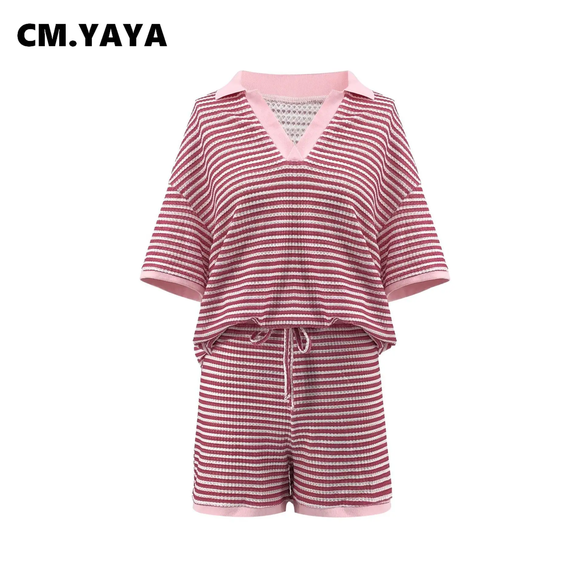 CM.YAYA Street Striped Knit Ribbed Women's Set Short Sleeve Sweater Top and Shorts Suit Summer Beach Two 2 Piece Set Outfits