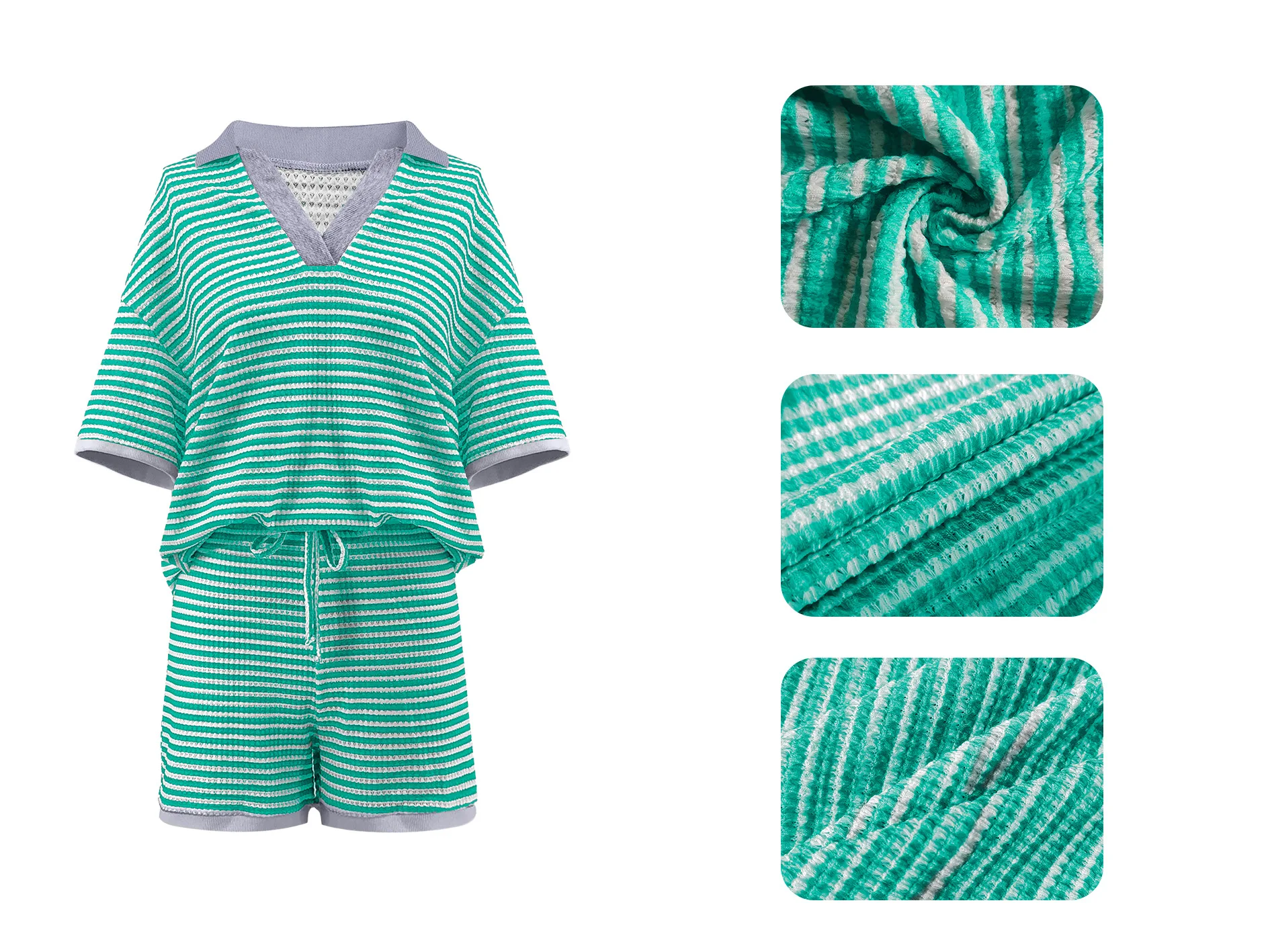 CM.YAYA Street Striped Knit Ribbed Women's Set Short Sleeve Sweater Top and Shorts Suit Summer Beach Two 2 Piece Set Outfits