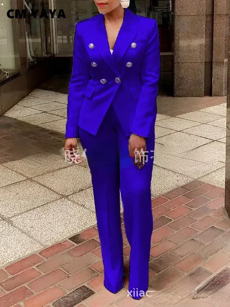 CM.YAYA Elegant Women Double Breasted Blazer Top Suit and Pants OL 2023 Two 2 Piece Set Outfits