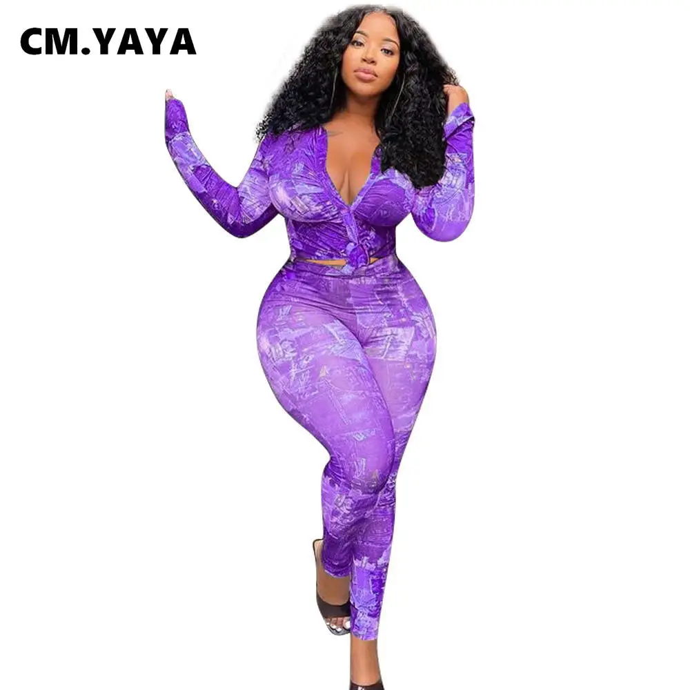 CM.YAYA Women Set Print Full Sleeve plus size Single Top Pencil Pants Two 2 Piece Sets Office Lady Outfit Summer