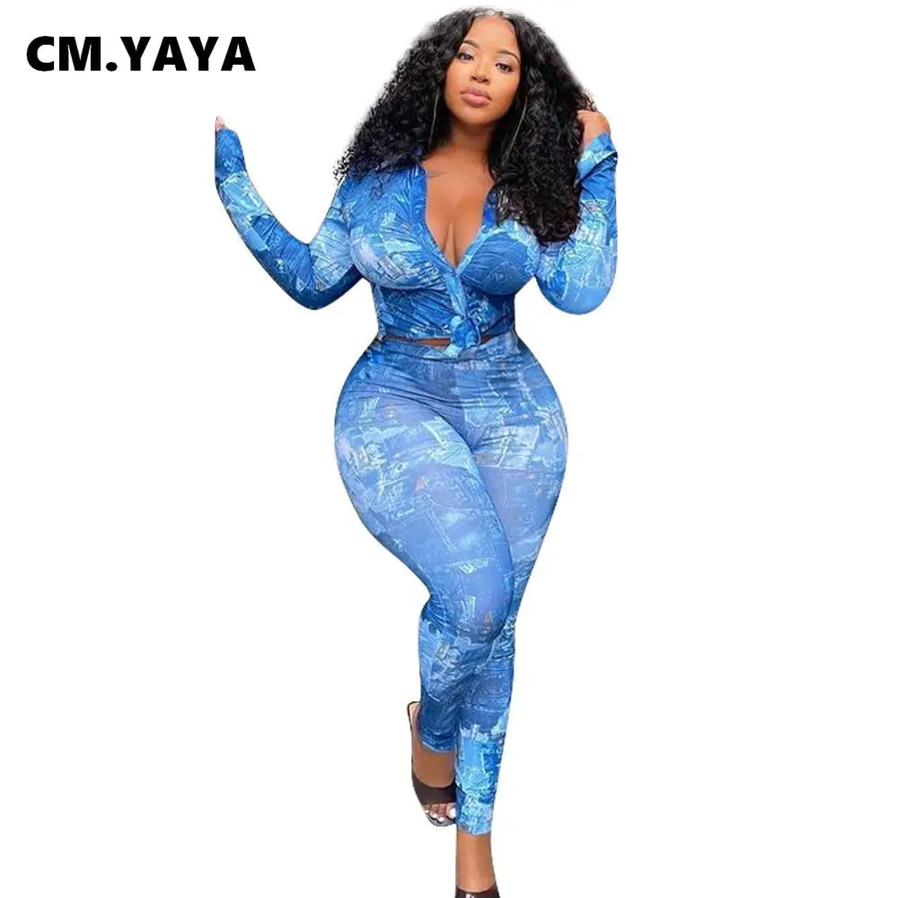 CM.YAYA Women Set Print Full Sleeve plus size Single Top Pencil Pants Two 2 Piece Sets Office Lady Outfit Summer