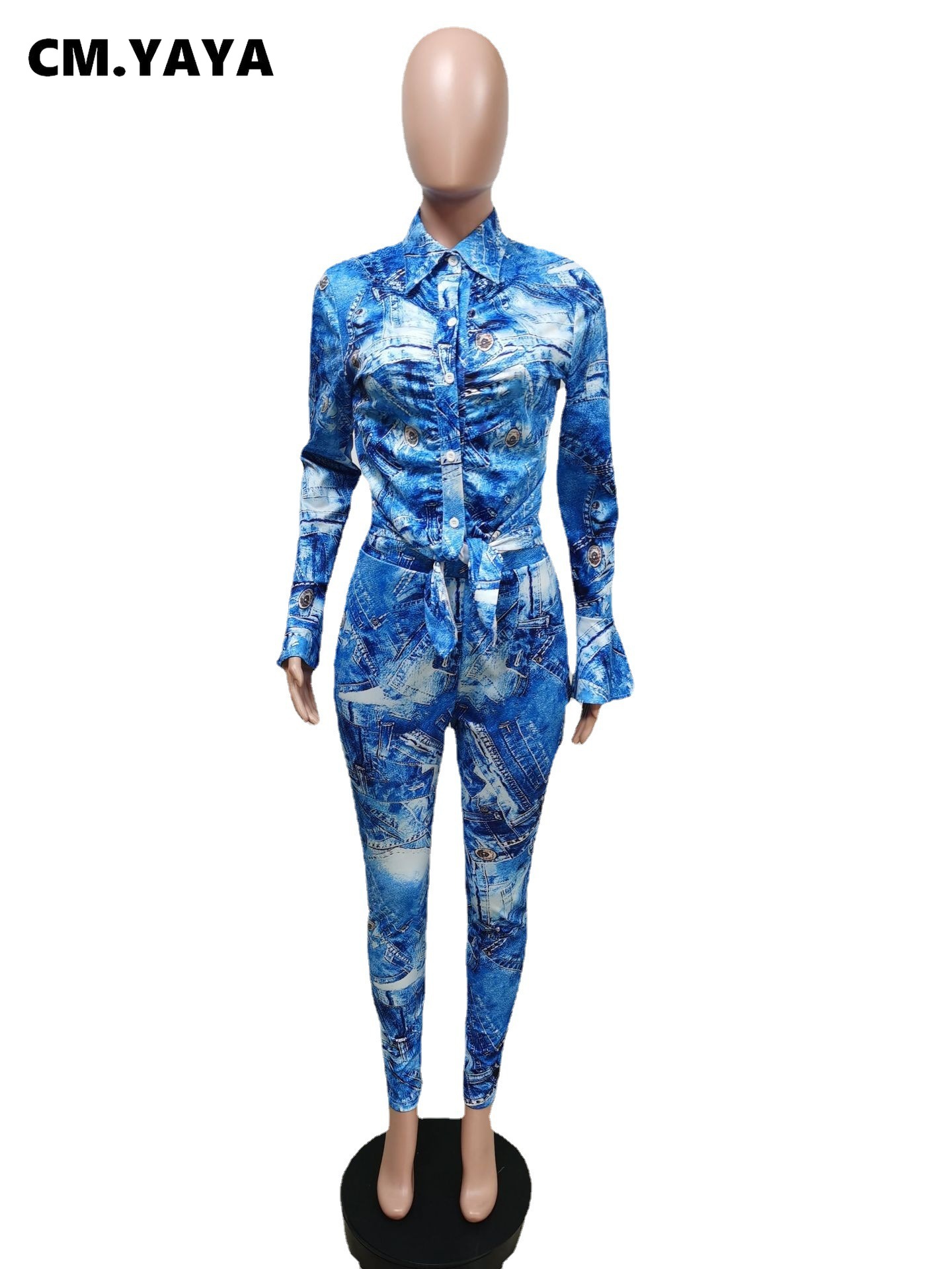 CM.YAYA Women Set Print Full Sleeve plus size Single Top Pencil Pants Two 2 Piece Sets Office Lady Outfit Summer