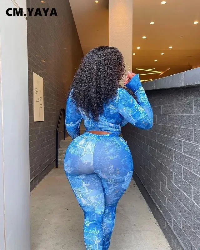 CM.YAYA Women Set Print Full Sleeve plus size Single Top Pencil Pants Two 2 Piece Sets Office Lady Outfit Summer