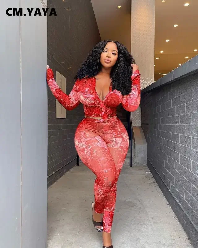 CM.YAYA Women Set Print Full Sleeve plus size Single Top Pencil Pants Two 2 Piece Sets Office Lady Outfit Summer