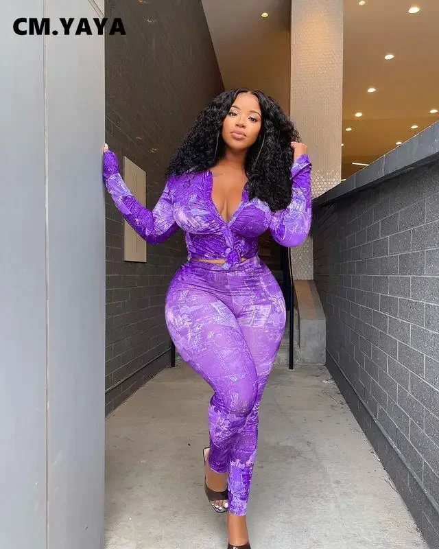 CM.YAYA Women Set Print Full Sleeve plus size Single Top Pencil Pants Two 2 Piece Sets Office Lady Outfit Summer