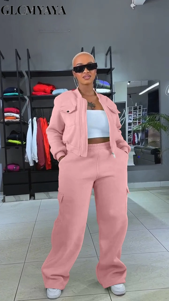 GLCMYAYA Active Women's Set Thick Warm Long Sleeve jacket +Straight Pants 2025 Fall Street Two 2 Piece Sets Outfits Sportwear