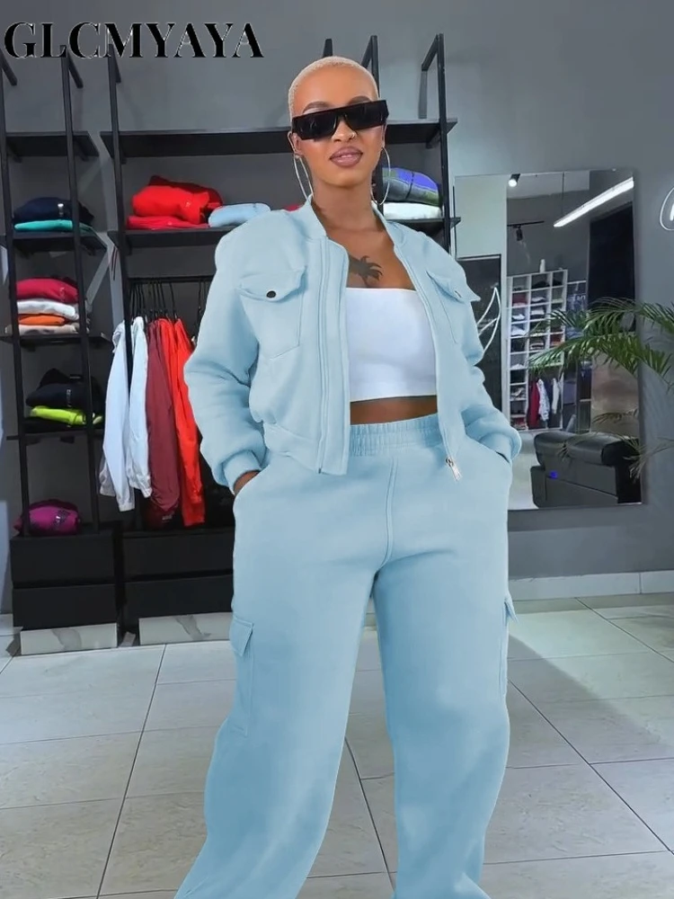 GLCMYAYA Active Women's Set Thick Warm Long Sleeve jacket +Straight Pants 2025 Fall Street Two 2 Piece Sets Outfits Sportwear