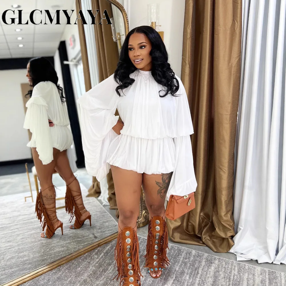 CM.YAYA Women’s Set Lantern Long Sleeve Tops and Bubble Ruffles Shorts Suit 2025 Summer Street Ruched Two 2 Piece Sets Outfit CM.YAYA Women's Set Lantern Long Sleeve Tops and Bubble Ruffles Shorts Suit 2025 Summer Street Ruched Two 2 Piece Sets Outfit