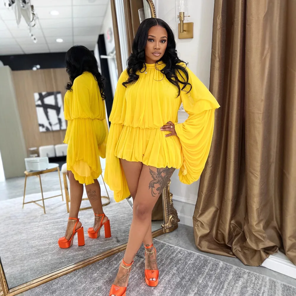 CM.YAYA Women's Set Lantern Long Sleeve Tops and Bubble Ruffles Shorts Suit 2025 Summer Street Ruched Two 2 Piece Sets Outfit