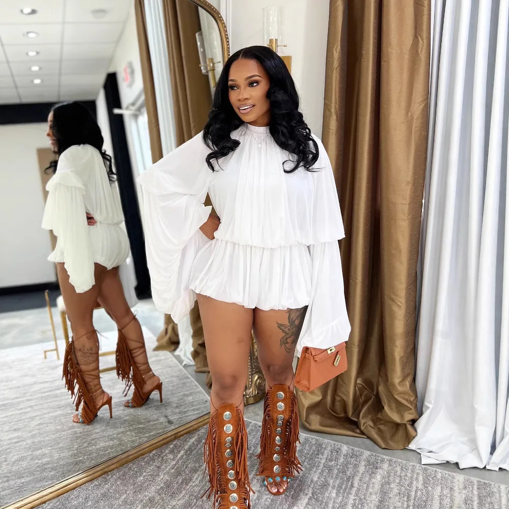 CM.YAYA Women's Set Lantern Long Sleeve Tops and Bubble Ruffles Shorts Suit 2025 Summer Street Ruched Two 2 Piece Sets Outfit