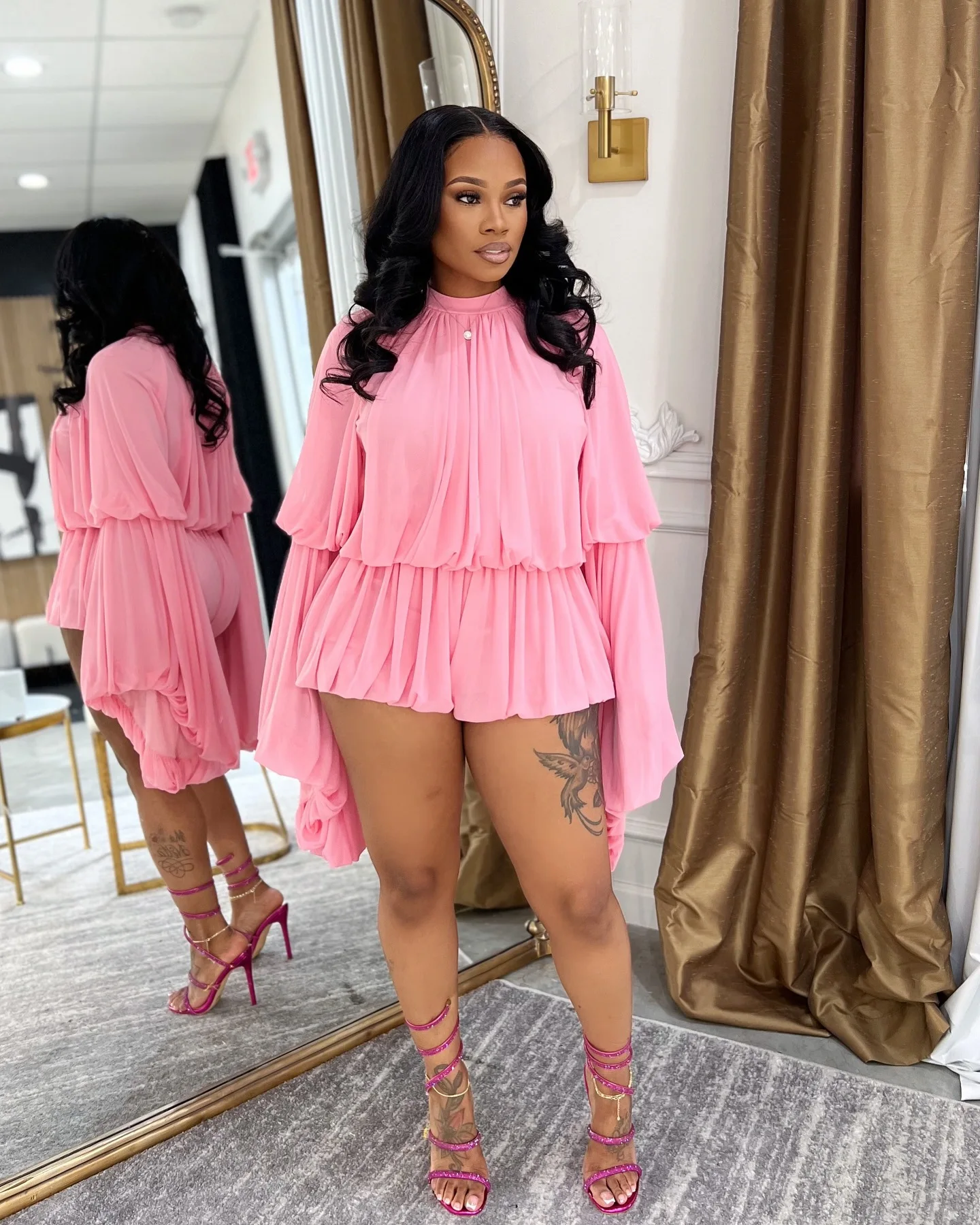 CM.YAYA Women's Set Lantern Long Sleeve Tops and Bubble Ruffles Shorts Suit 2025 Summer Street Ruched Two 2 Piece Sets Outfit