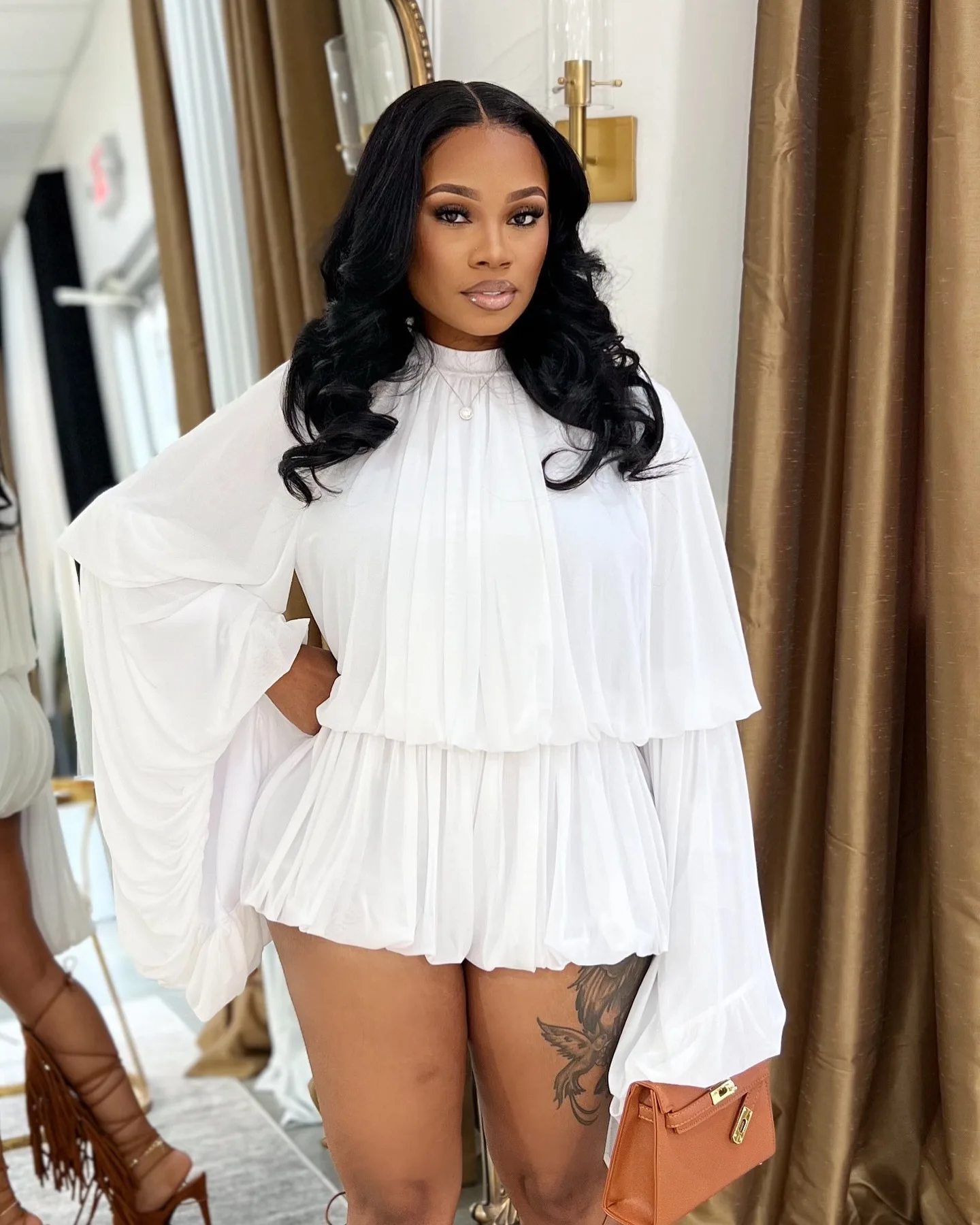 CM.YAYA Women's Set Lantern Long Sleeve Tops and Bubble Ruffles Shorts Suit 2025 Summer Street Ruched Two 2 Piece Sets Outfit