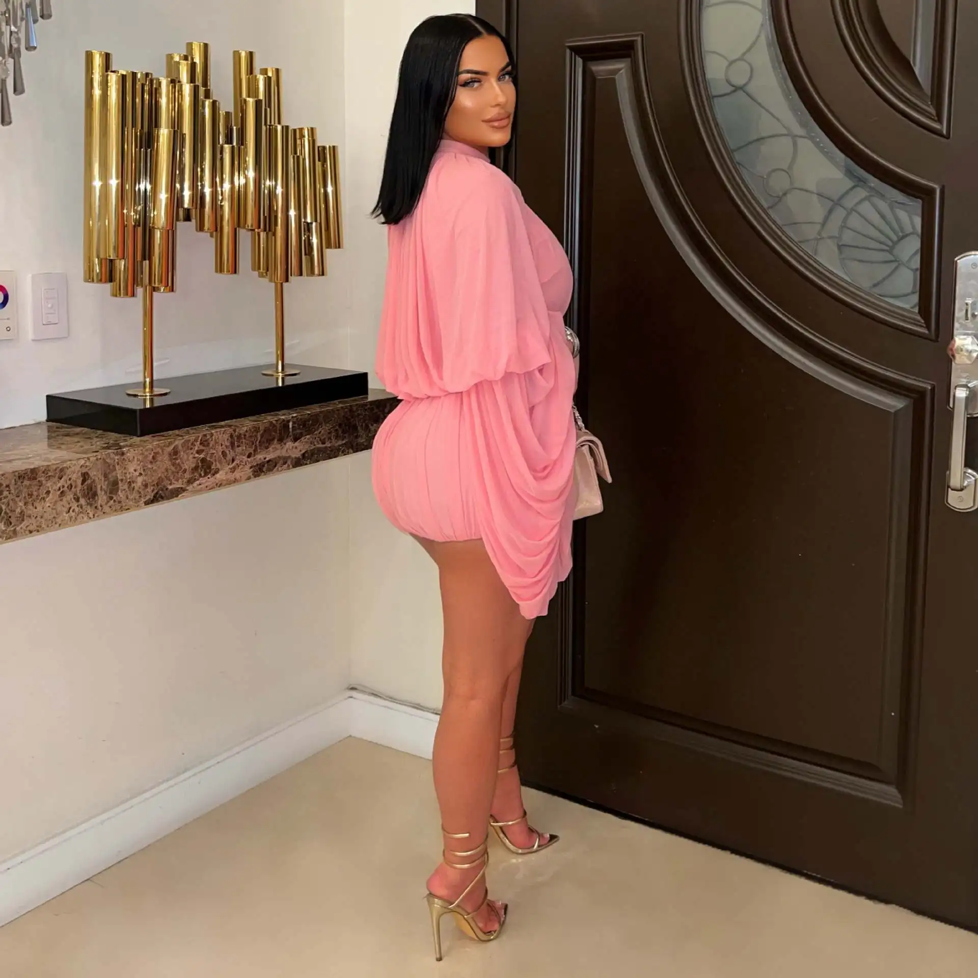 CM.YAYA Women's Set Lantern Long Sleeve Tops and Bubble Ruffles Shorts Suit 2025 Summer Street Ruched Two 2 Piece Sets Outfit