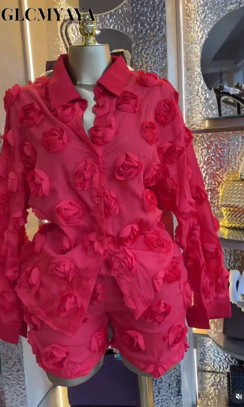 GLCMYAYA Street Fashion Women's Set Rose Floral Long Sleeve Shirt and Shorts Suit 2026 Party Vacation Two 2 Piece Set Outfits GLCMYAYA Street Fashion Women's Set Rose Floral Long Sleeve Shirt and Shorts Suit 2026 Party Vacation Two 2 Piece Set Outfits